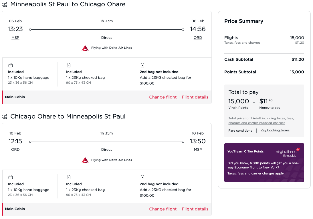 Delta flight from Minneapolis (MSP) to Chicago (ORD) booked through Virgin Atlantic