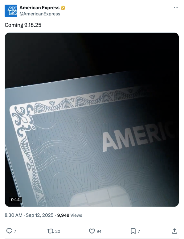 A tweet from American Express teasing something big is coming Sept. 18, 2025, with a video of a credit card. 