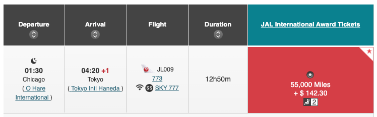JAL business class award ticket to Tokyo for 55,000 miles. 