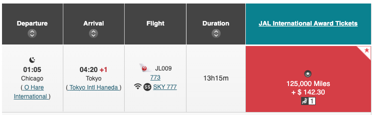 JAL first class award from ORD-HND for 125,000 miles