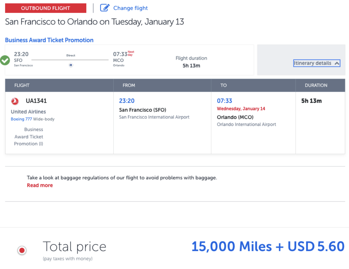 Turkish Award on United flying from SFO-MCO for 15,000 miles in first class