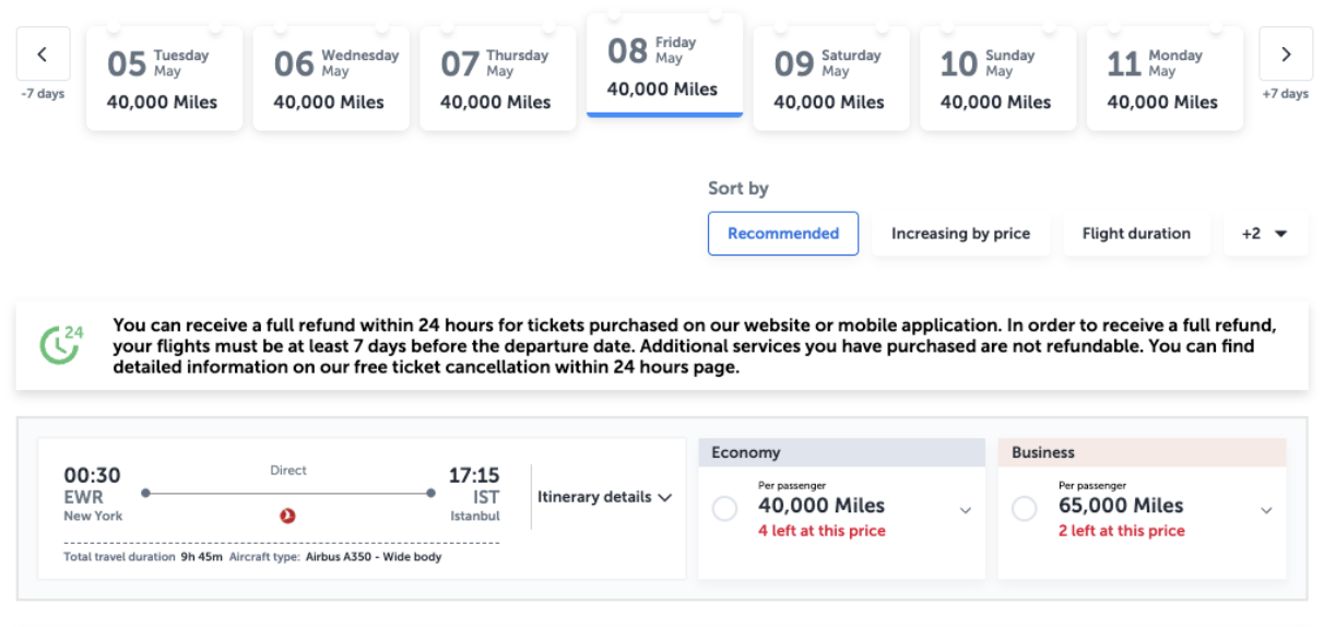 Turkish Business Class award for 65,000 miles