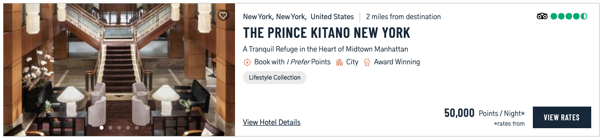 The Prince Kitano New York hotel booking for 50,000 I Prefer hotel points per night.