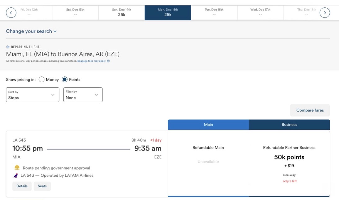 Miami to Buenos Aires flight deal for just 50,000 points each way in business class. 