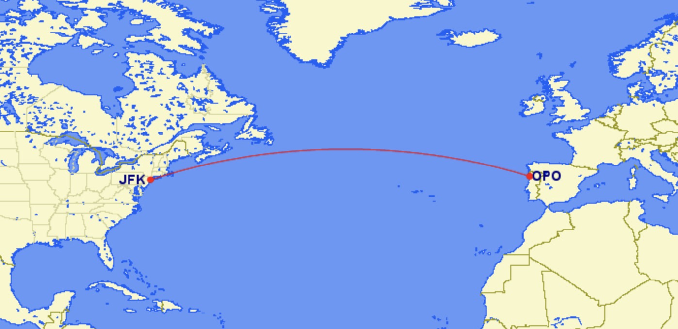 JFK to Porto flight map