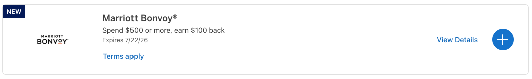 New Amex Offer: Spend $500, Save $100 at Marriott Hotels 1 Amex Offer for Marriott Bonvoy: Spend $500 or more, earn $100 back.