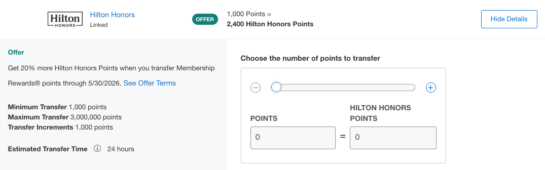 Amex to Hilton 20% Transfer Bonus