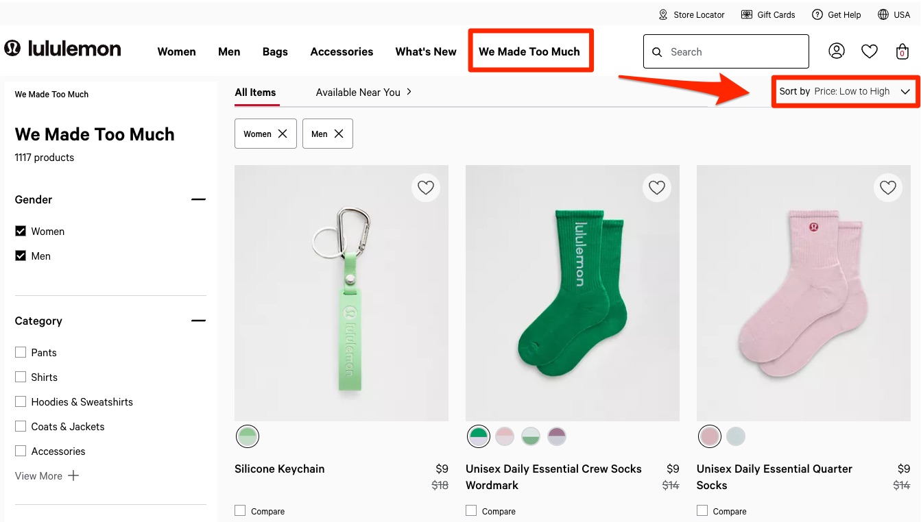 Lululemon's "We Made to Much" section - with price (low to high) filter applied.