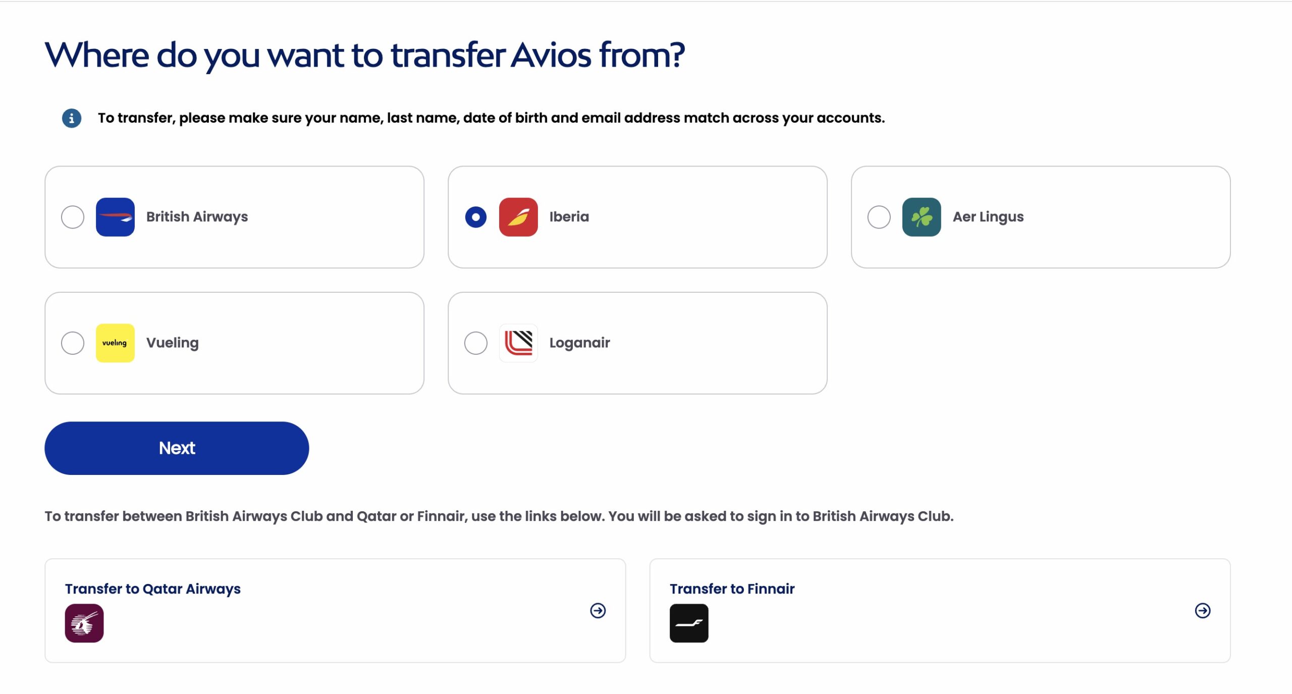 Where From page on Avios.com