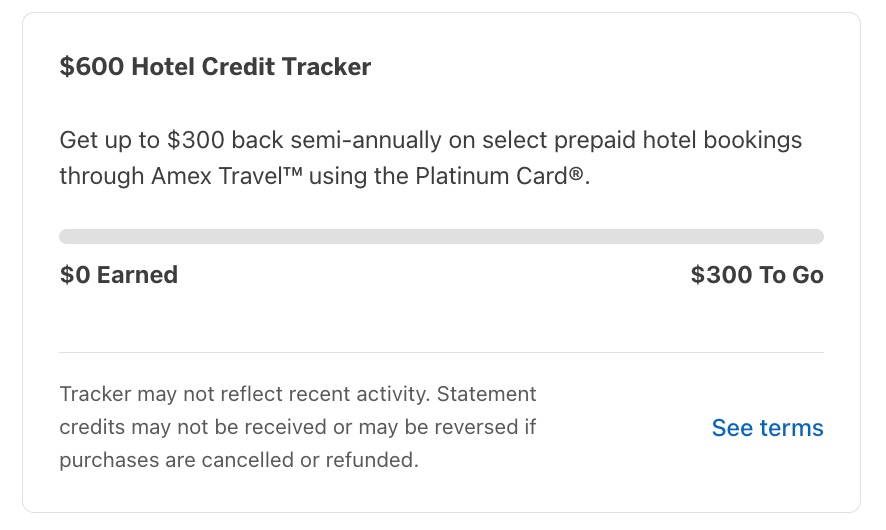 amex $600 hotel credit tracker showing $0 earned