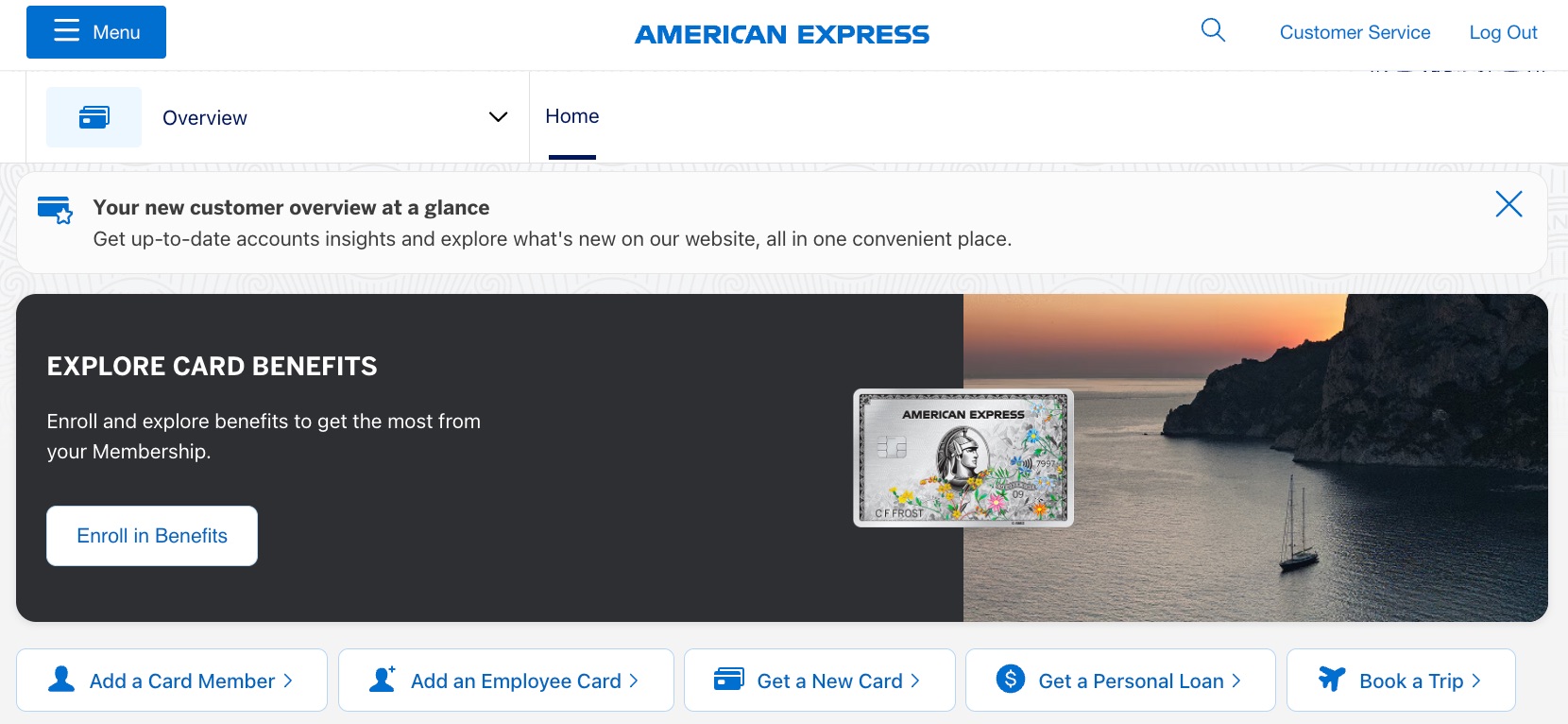 amex platinum welcome screen at login