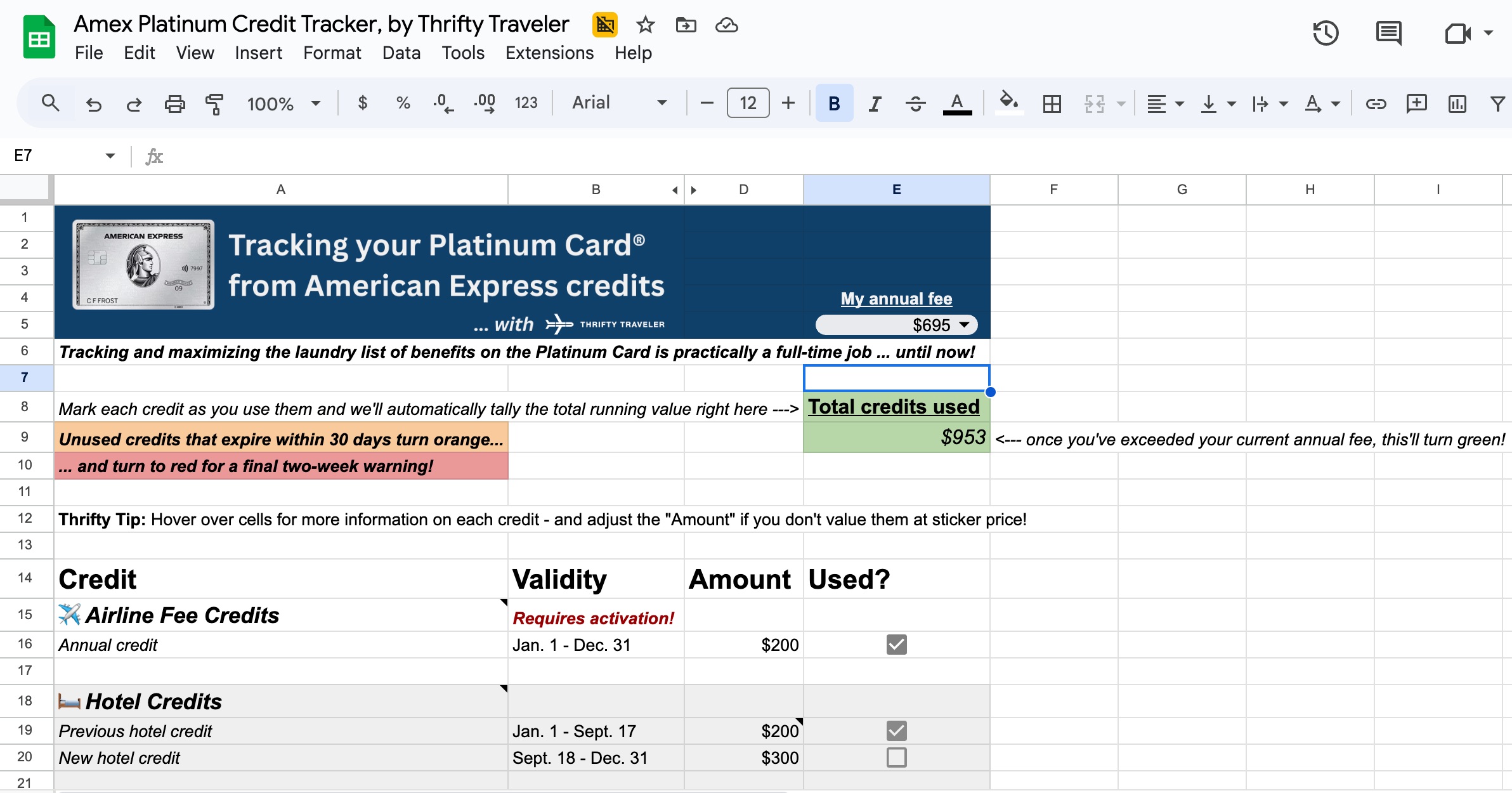 spreadsheet tracking the amex platinum card credits