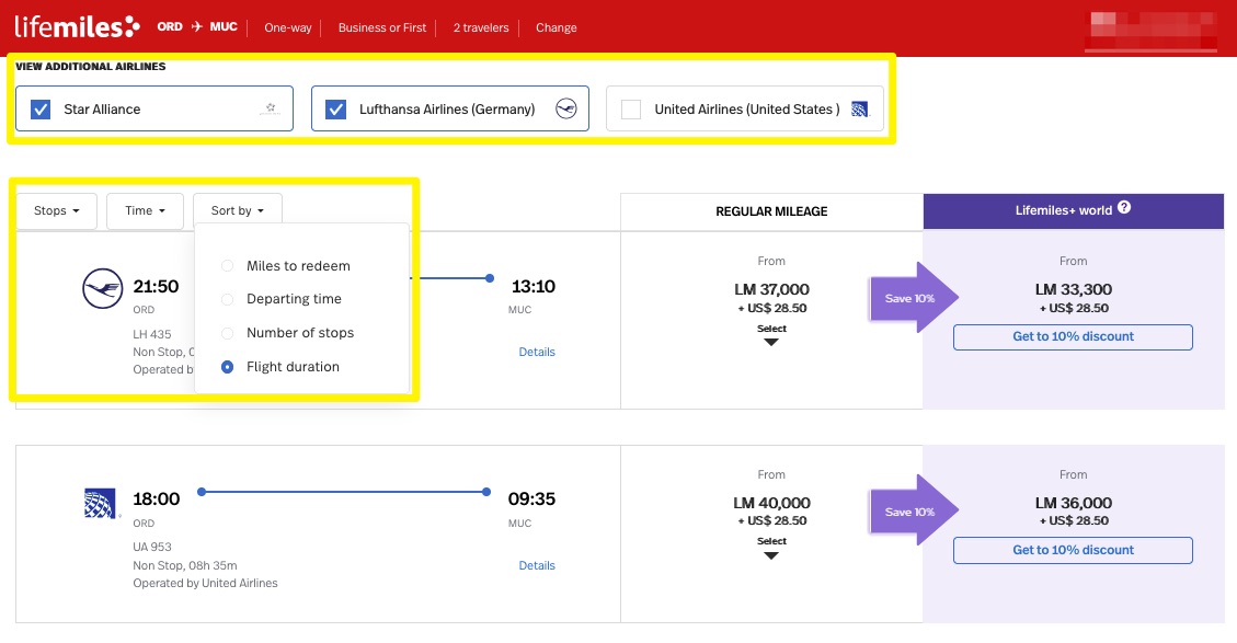 lifemiles search filters