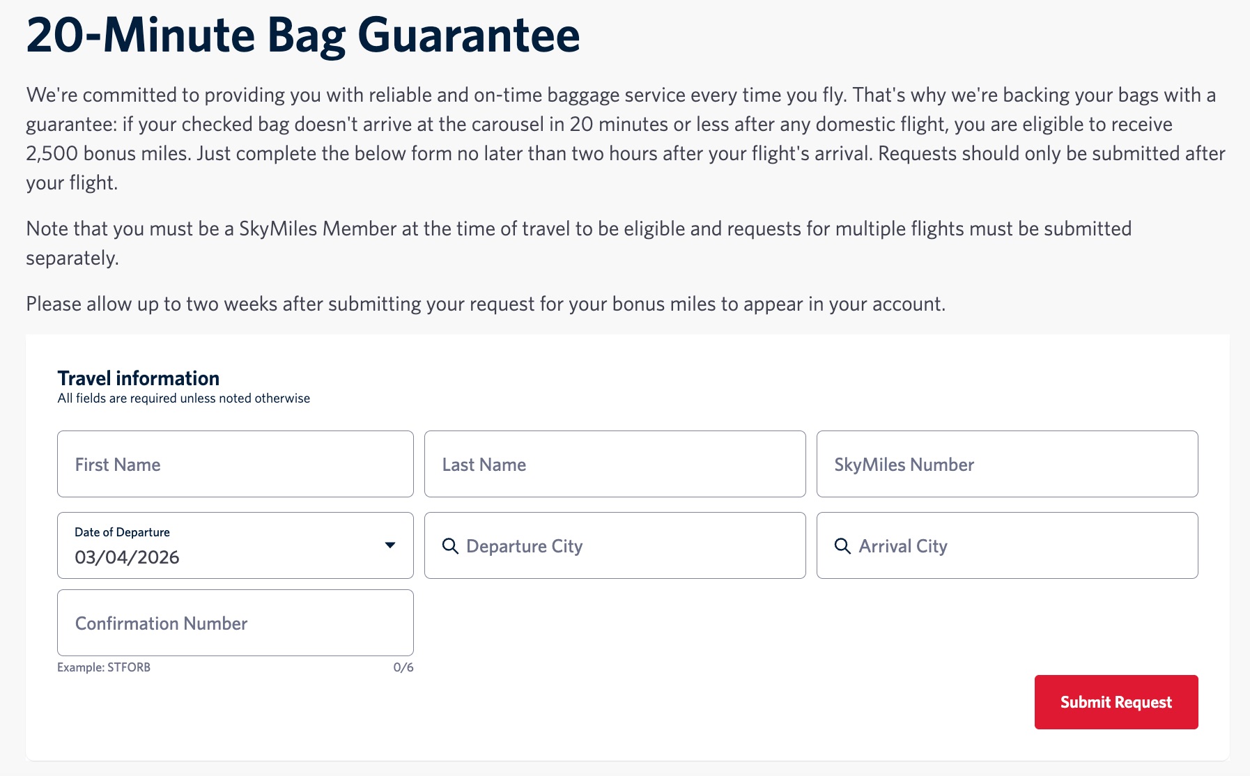 delta form for 20 minute bag guarantee claim