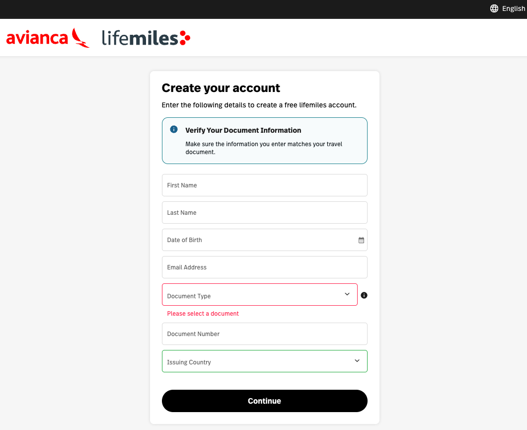 information needed when creating Avianca LifeMiles account