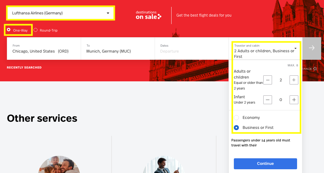 choosing number of passengers and class on Lifemiles search