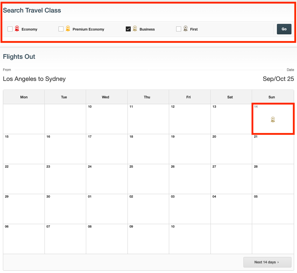 Qantas award calendar filters