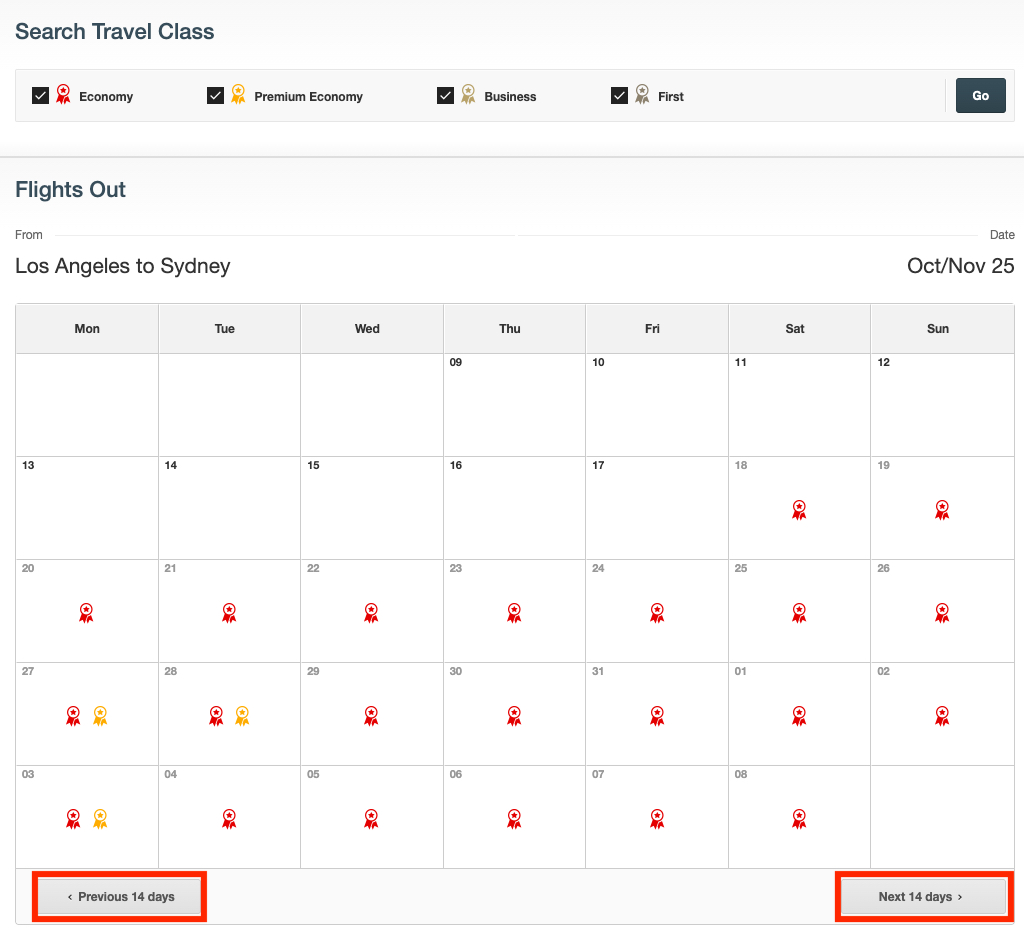 Qantas award calendar next and previous 14 days search