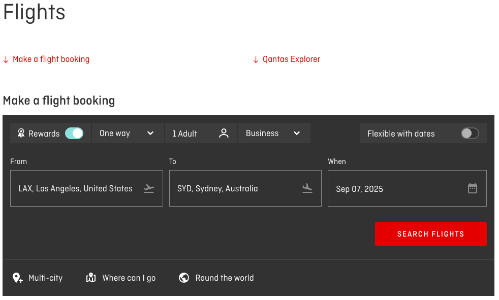 Qantas award search for exact dates