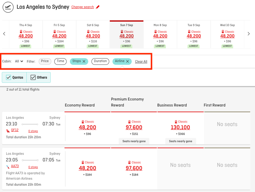 Qantas award search filters