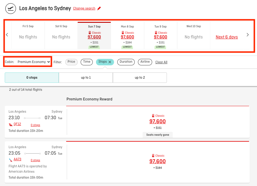 Qantas award search one-week view