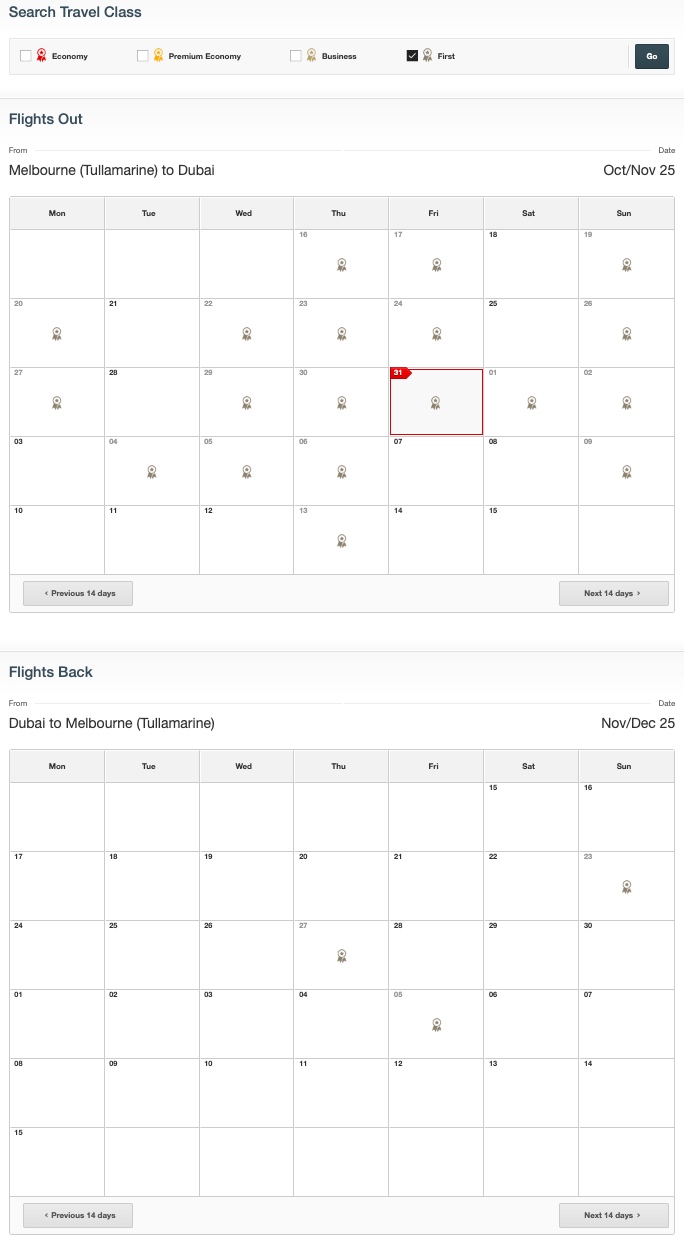 Qantas calendar roundtrip search from Melbourne to Dubai