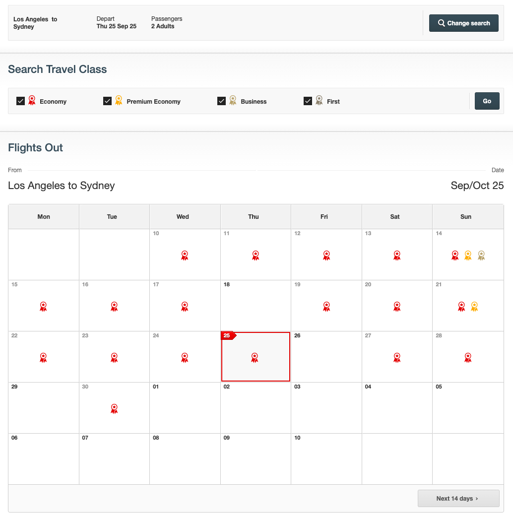 Qantas calendar search