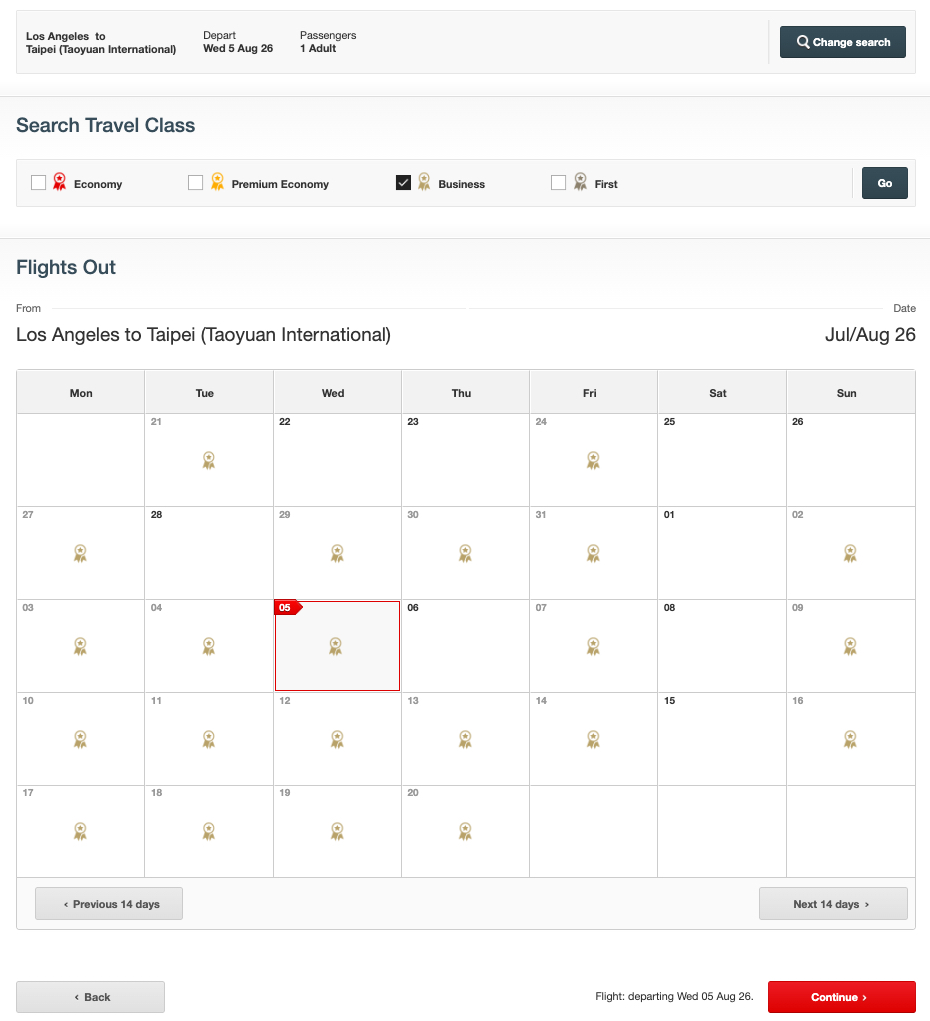 Qantas flexible award search from Los Angeles to Taipei