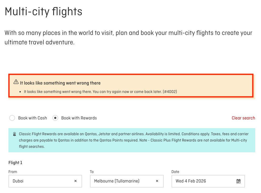 qantas mulit-city search error