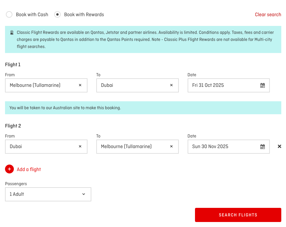 Qantas multi-city search roundtrip