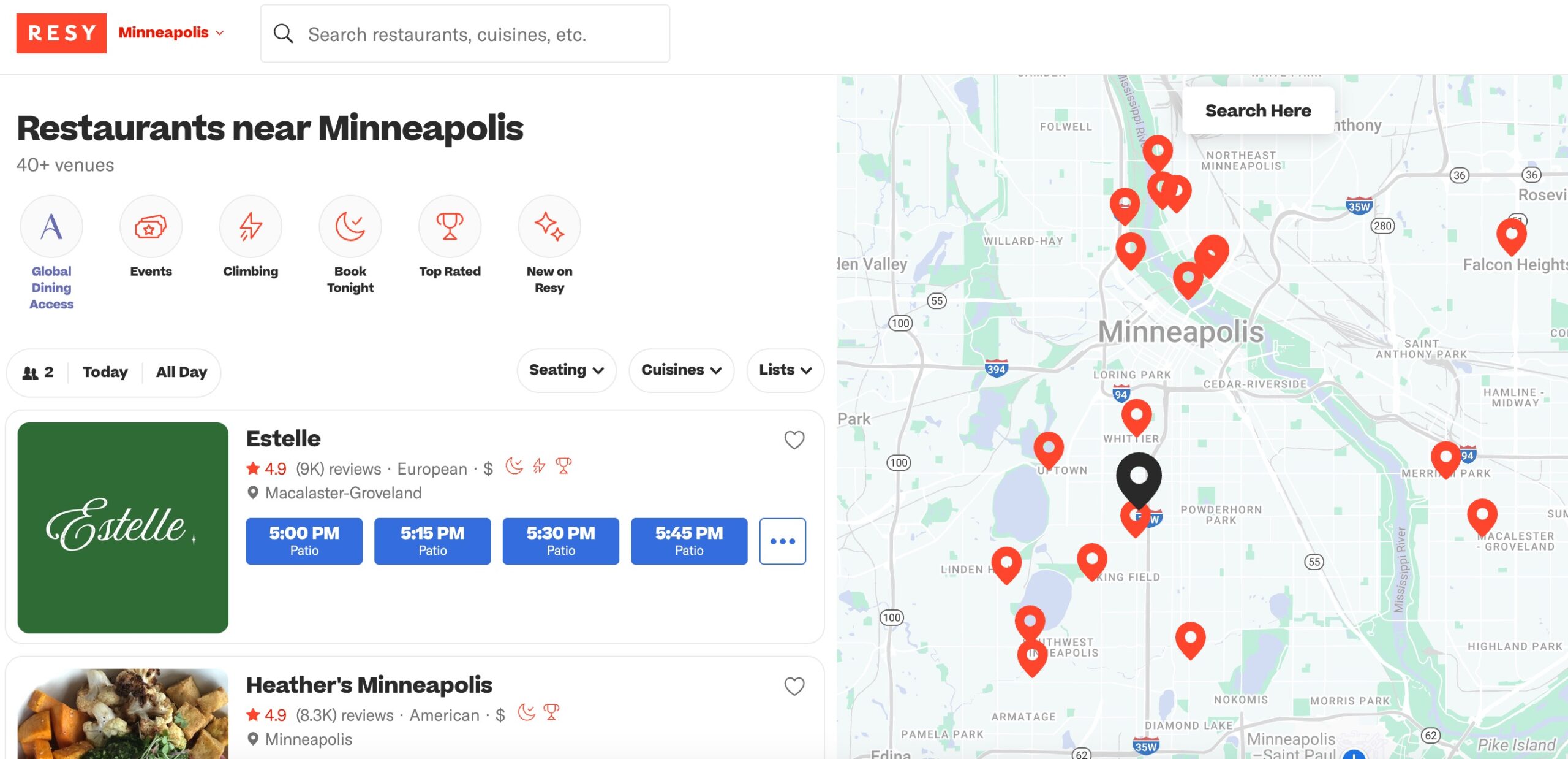 map of restaurants on resy in minneapolis plotted