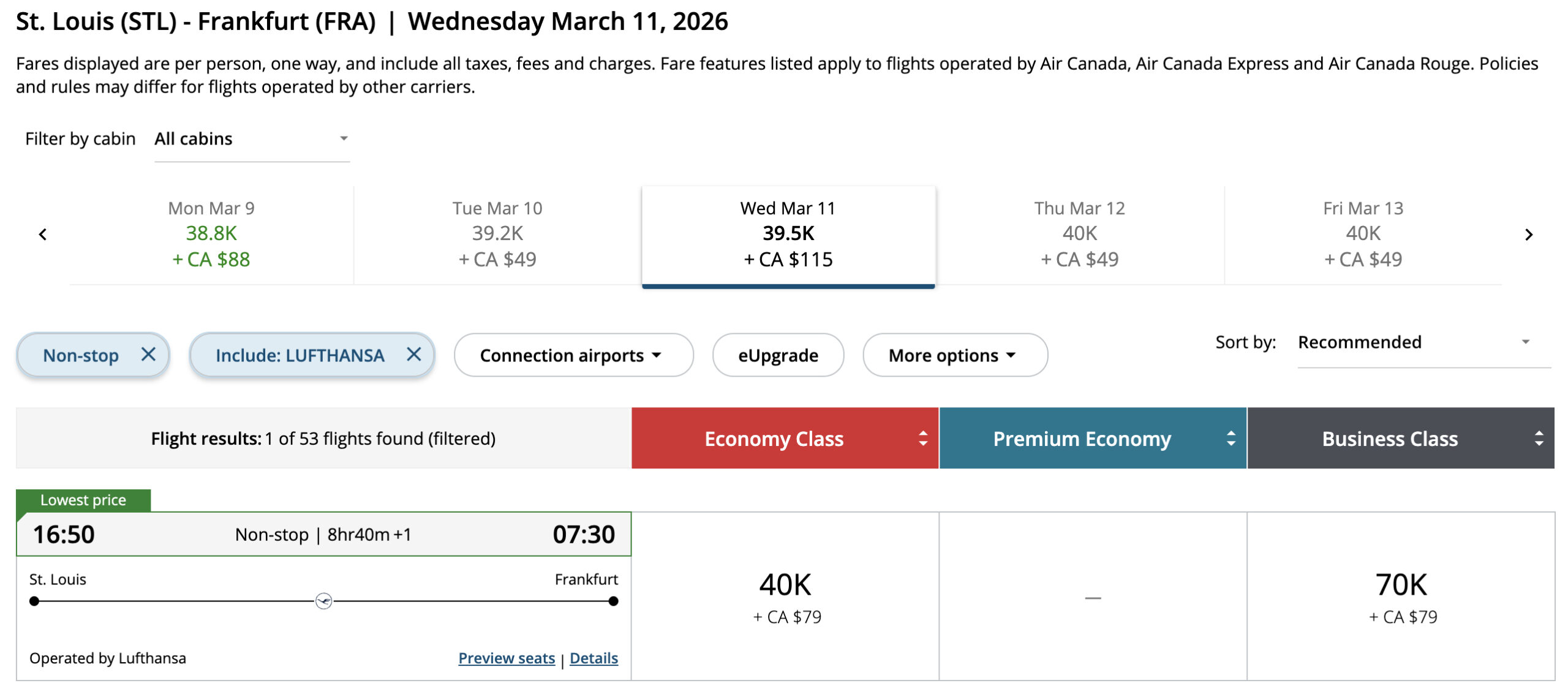 STL-FRA Lufthansa business class for 70k Aeroplan points