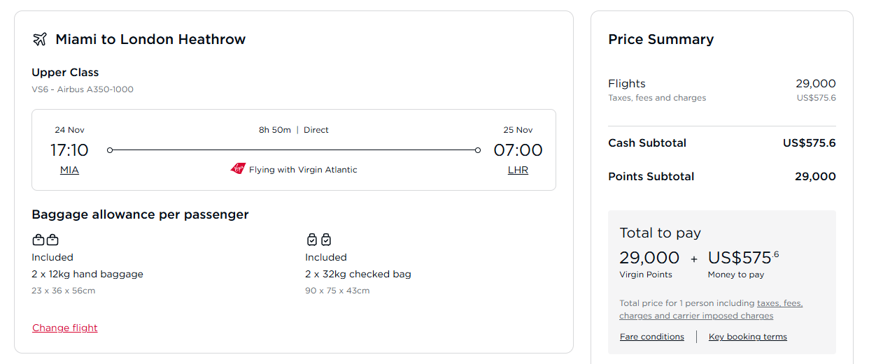 Citi Transfer Bonuses: Get Up to 30% More Points With a Pair of Airlines 4 Virgin award booking: MIA to LHR for 29,000 points in business class