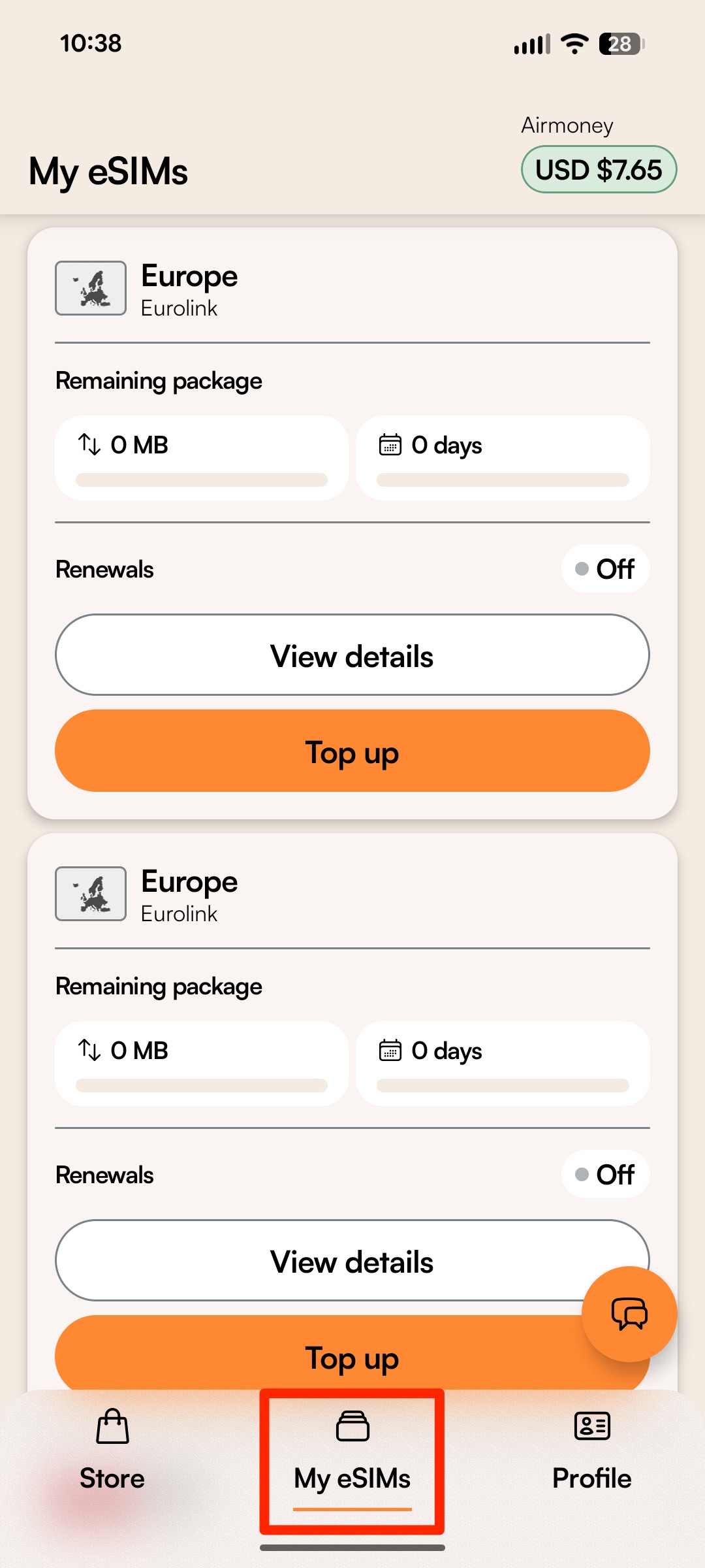 Airalo screenshot showing where to find "My eSIMs" at the bottom