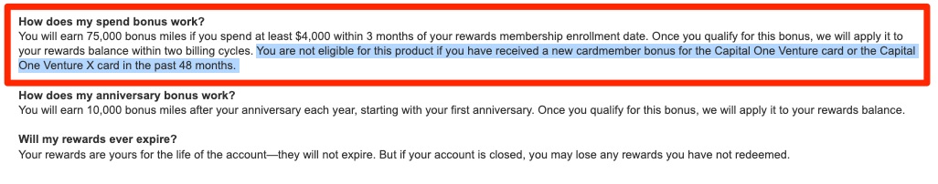 Capital One Venture and Venture X bonus eligibility terms, spelling out that earning a bonus on either card in the past 48 months makes you ineligible for the other. 