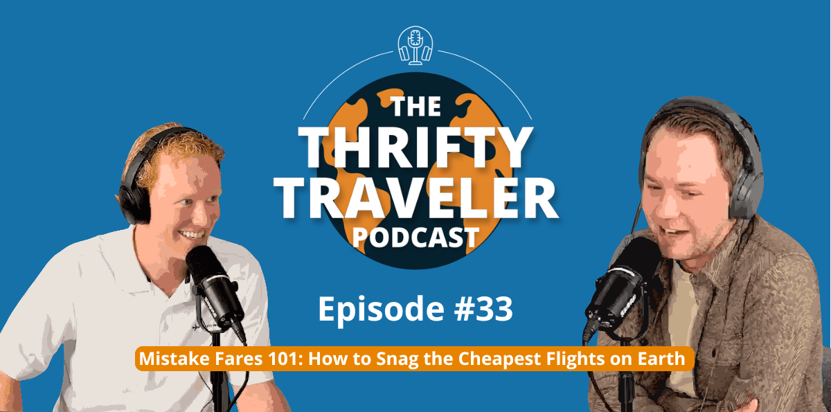 Two adorable, smart podcasters discuss mistake fares on a blue background.