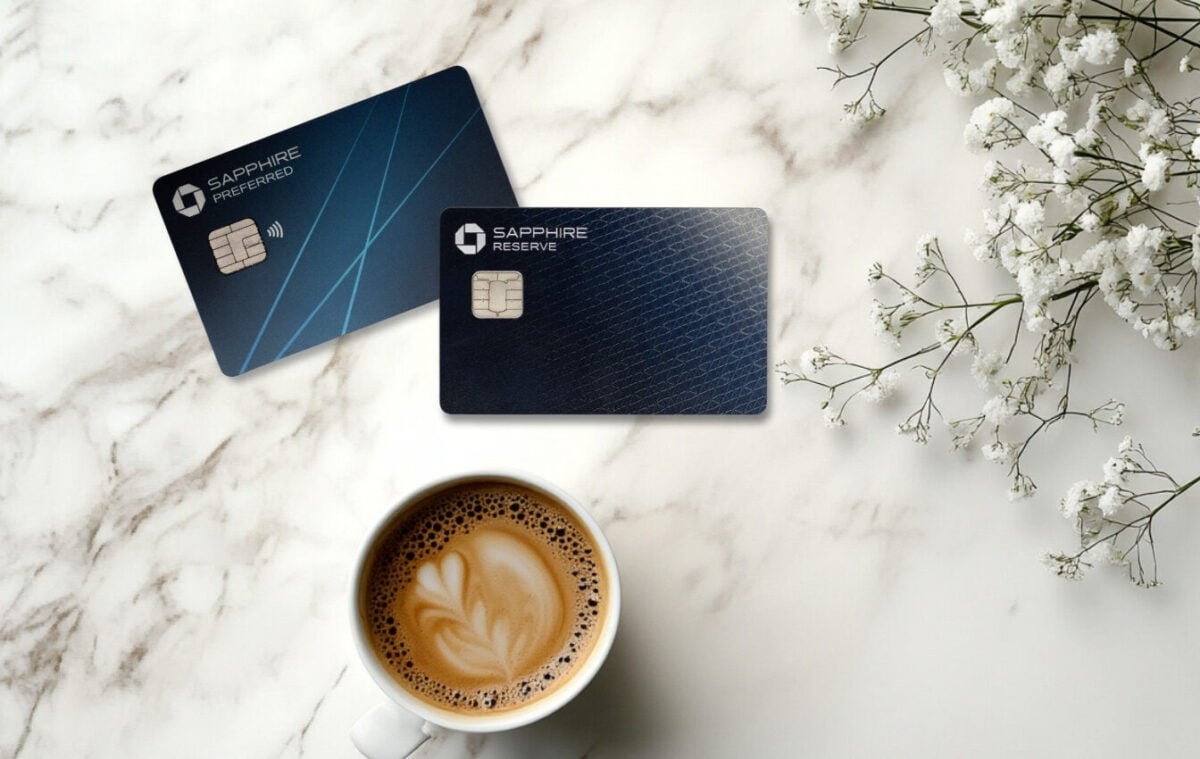 Sapphire cards with flowers and a cup of coffee on a table top.