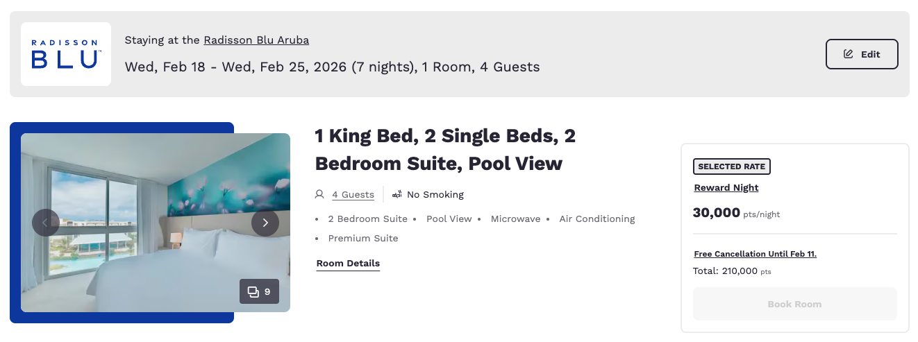 Radisson Blu Aruba award booking for 30,000 Choice Privilege points per night.