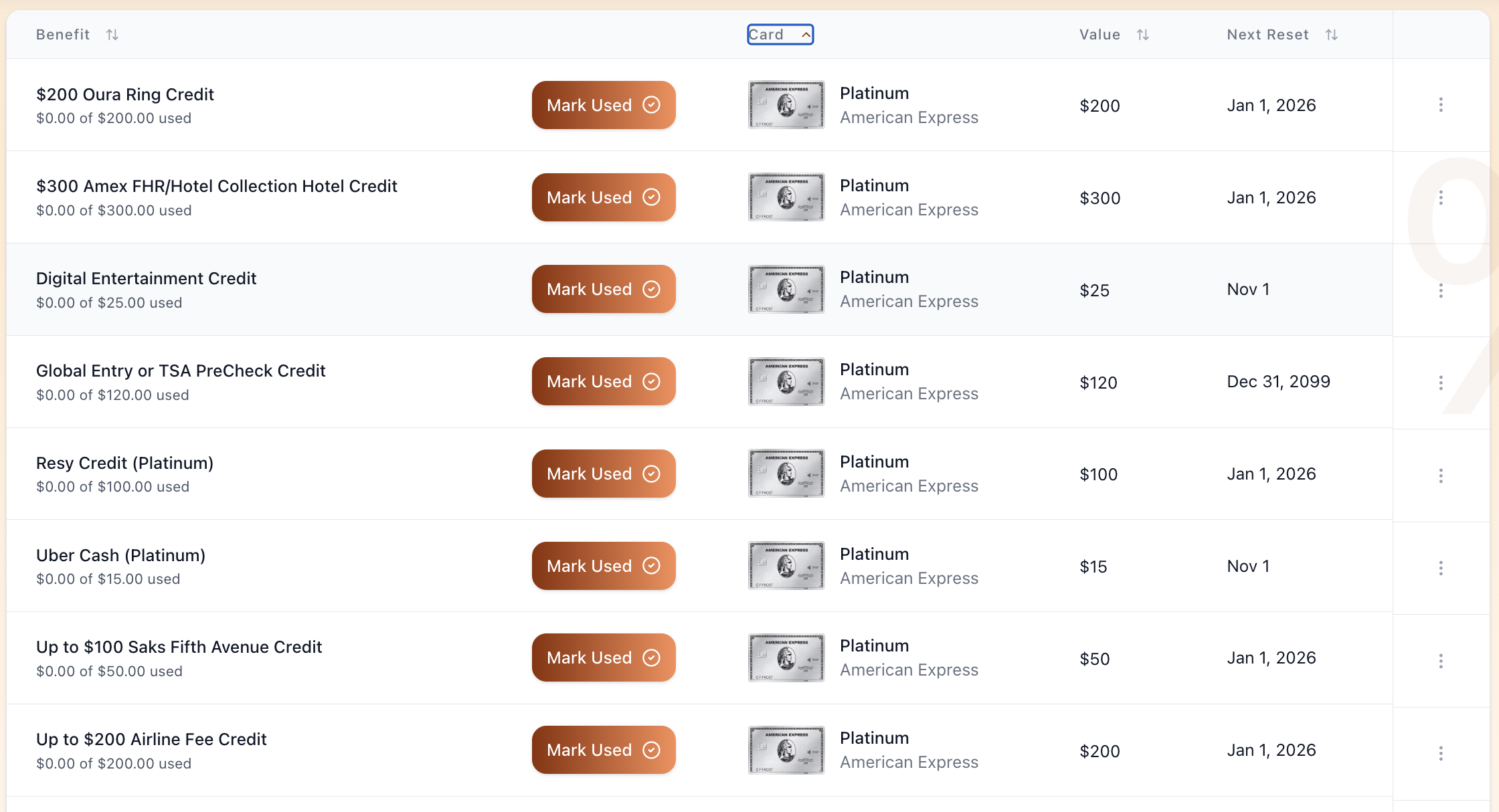 UseYourCredits benefit listing for Amex Platinum