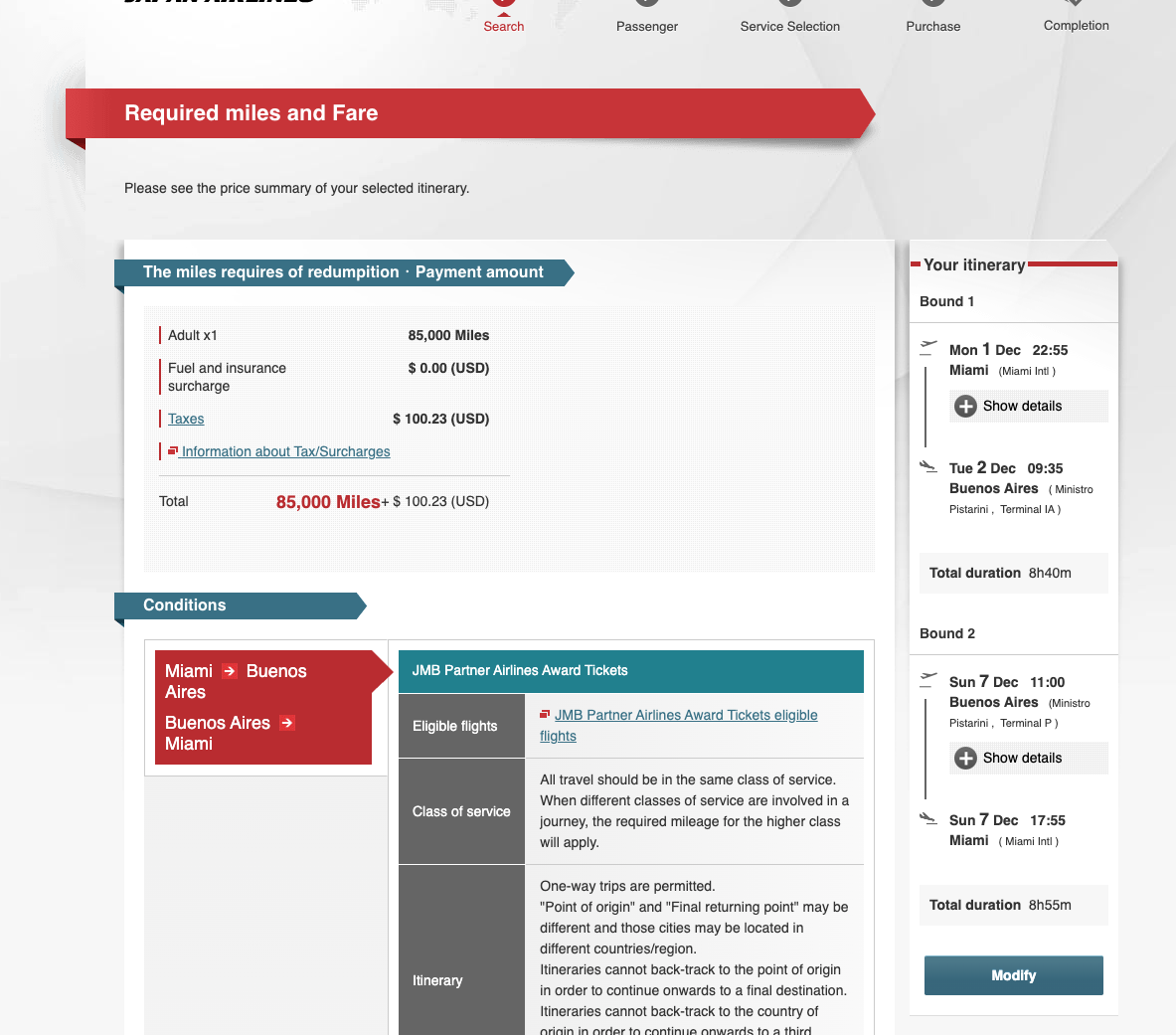 japan airlines redemption miami to buenos aires