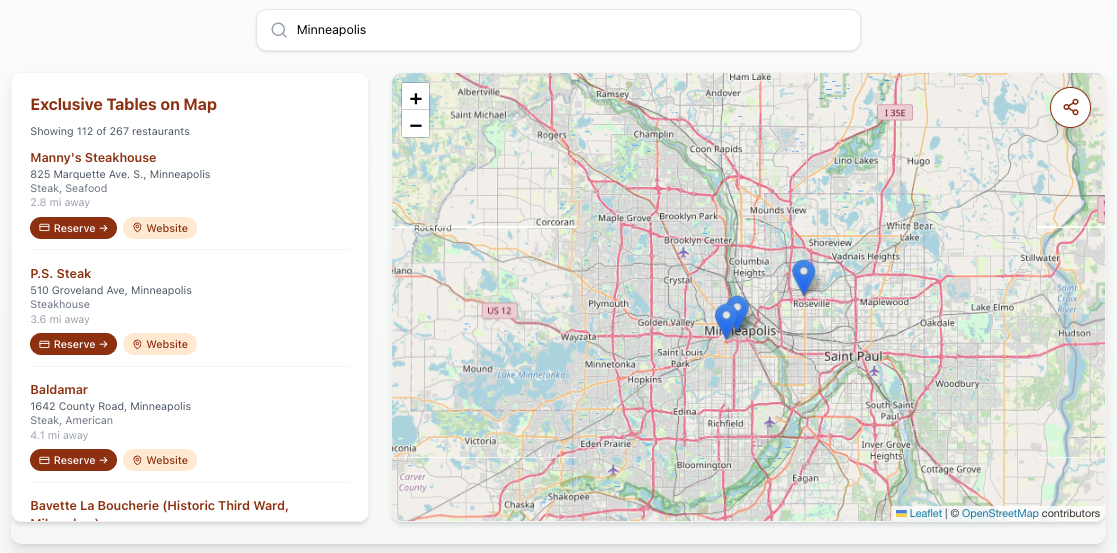 Map of Chase Sapphire Reserve Exclusive Tables in Minneapolis.