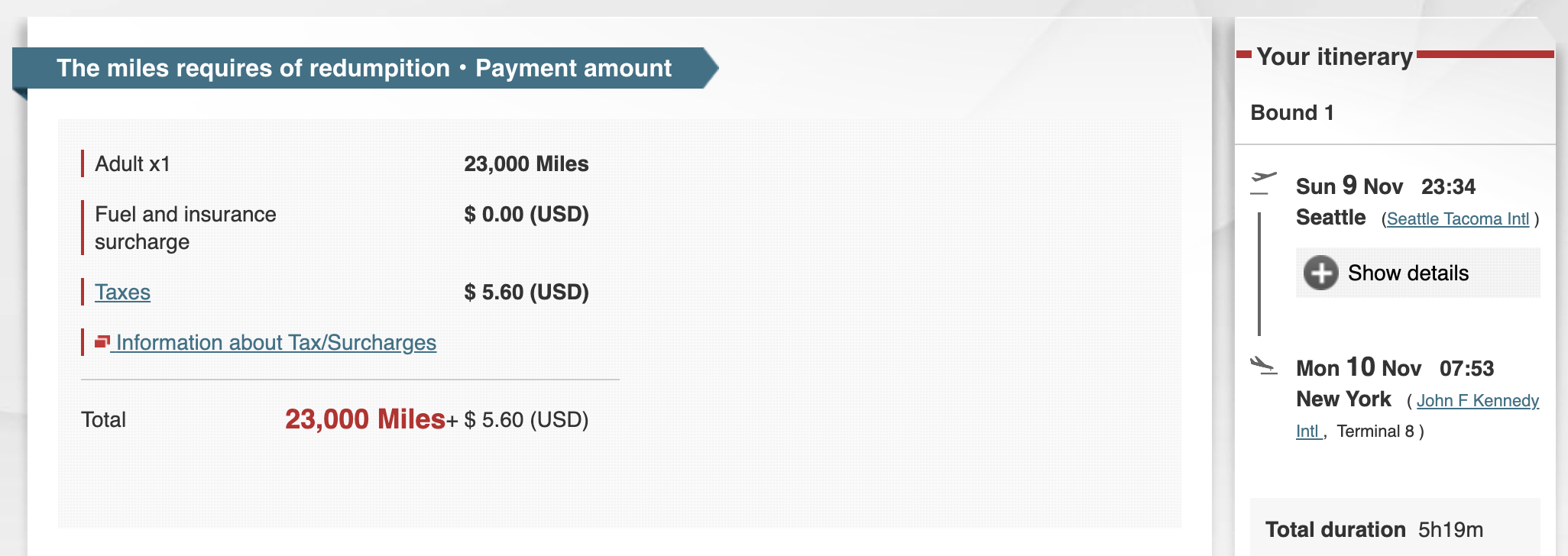 JAL Mileage Bank award from SEA-JFK for 23,000 miles