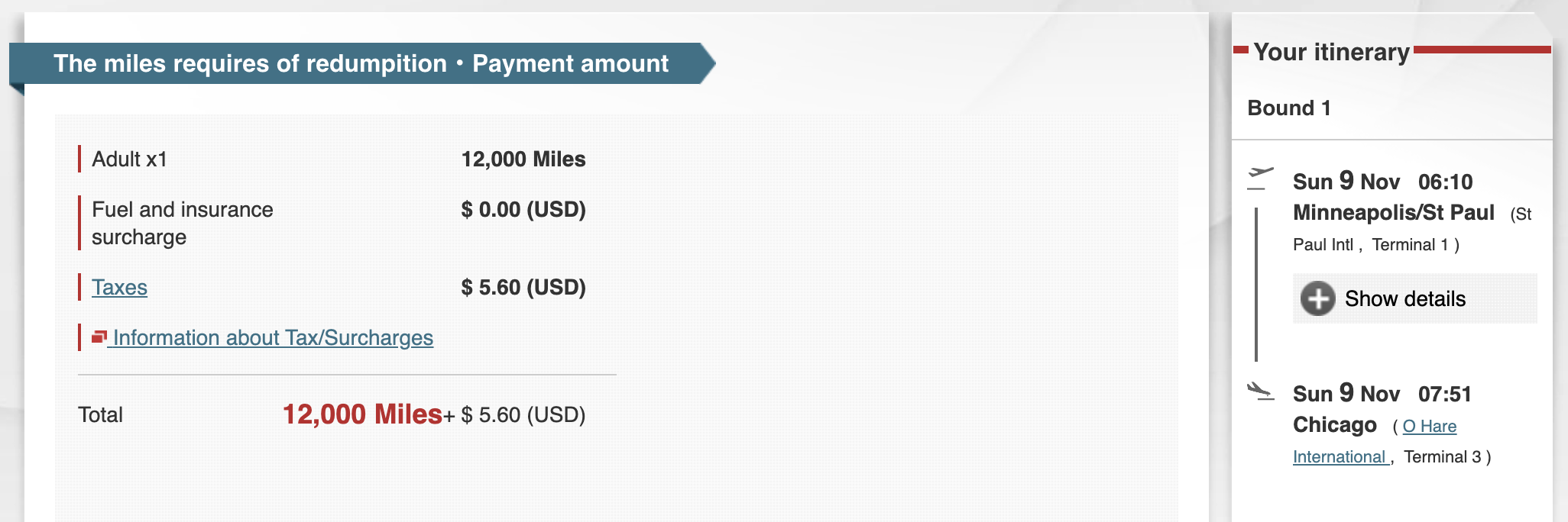 JAL Mileage Bank award from MSP-ORD