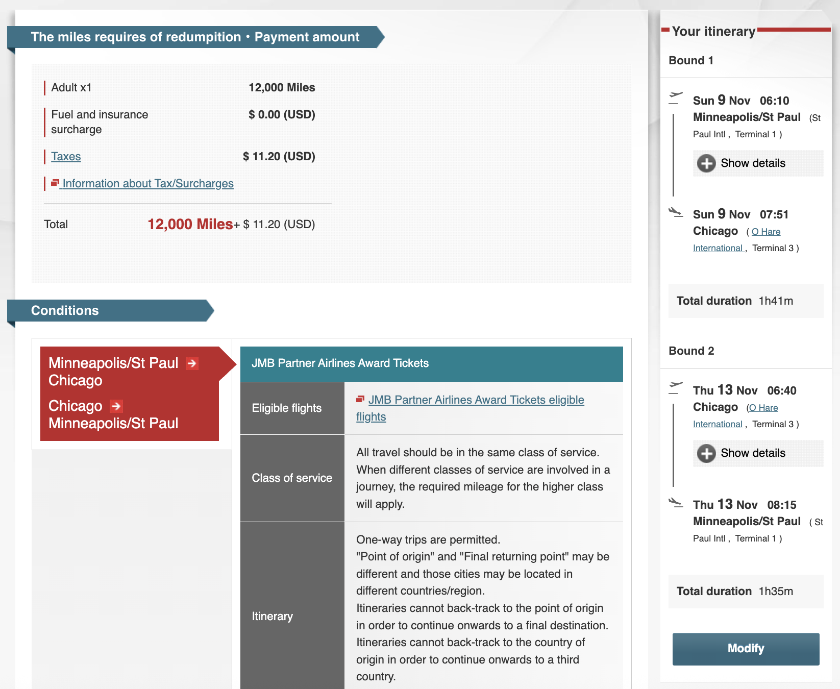 JAL Mileage Bank roundtrip award from MSP-ORD for 12,000 miles