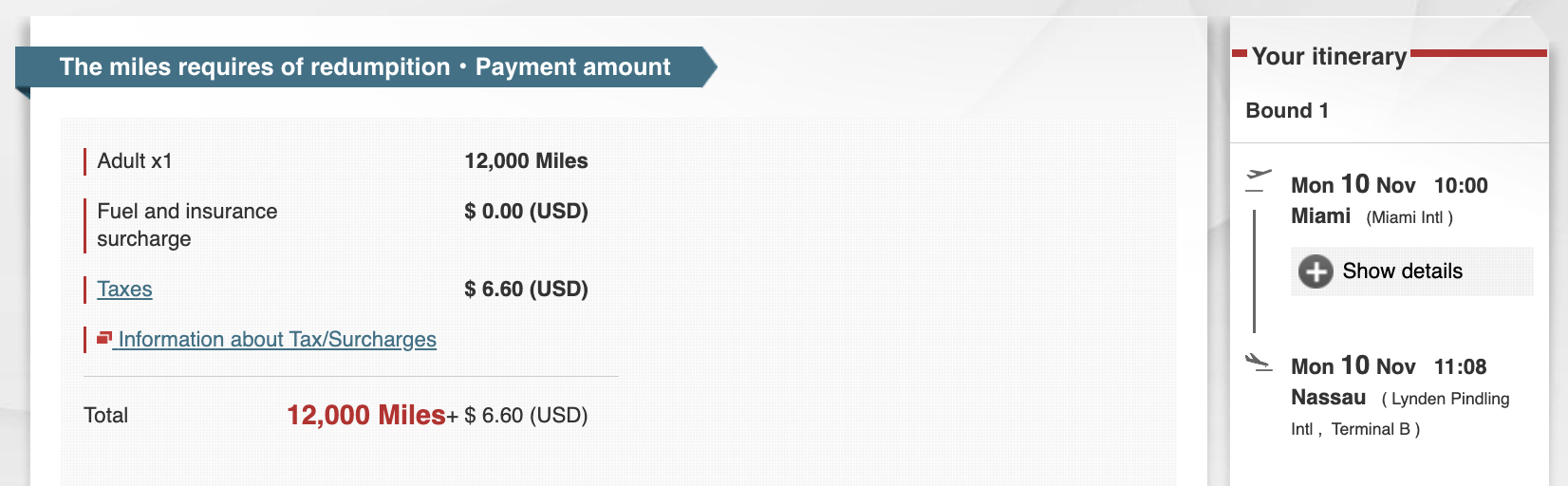 JAL Mileage Bank award from MIA-NAS