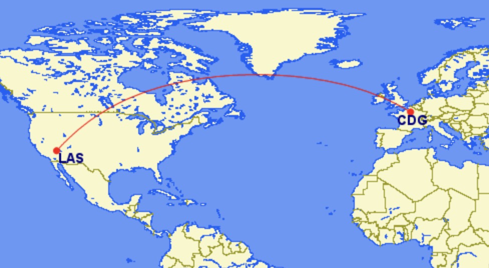 Air France to Vegas route on a blue map