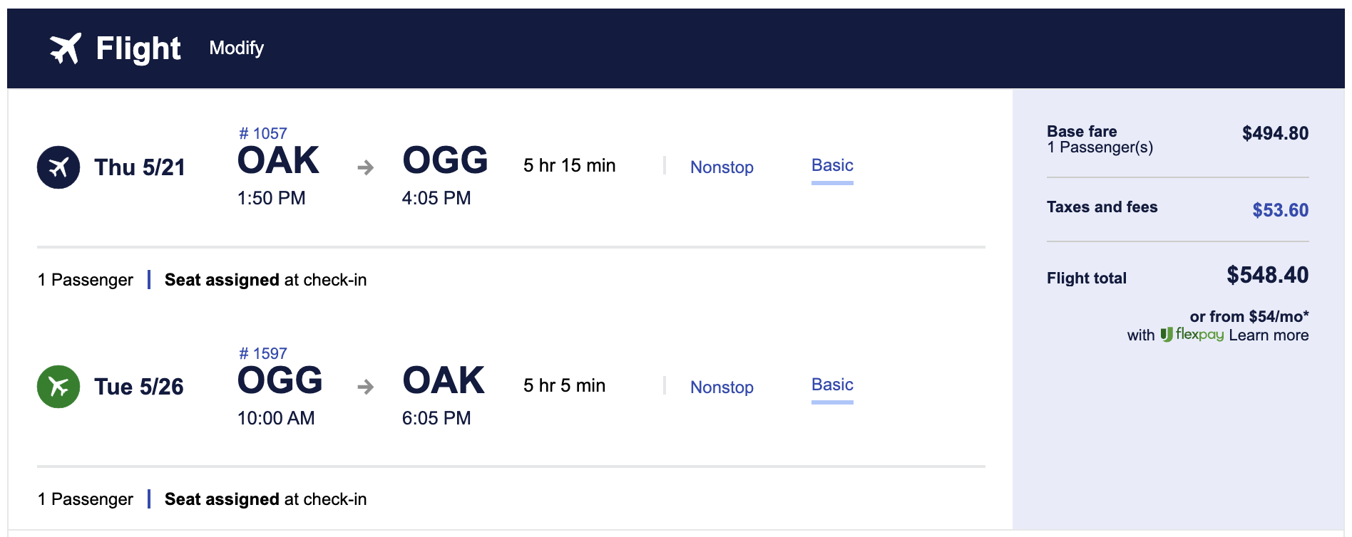 Southwest flight from OAK-OGG for $548