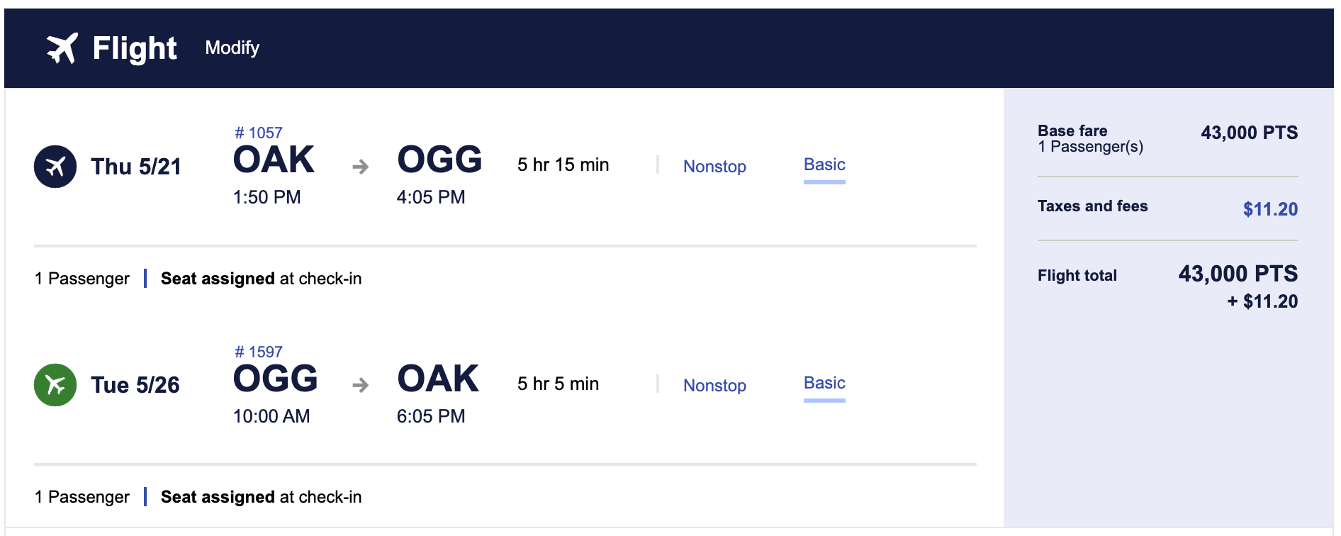 Southwest flight from OAK-OGG for 43,000 points