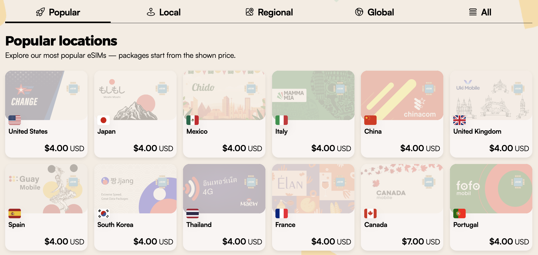 A list of Airalo's most popular eSIM Countries