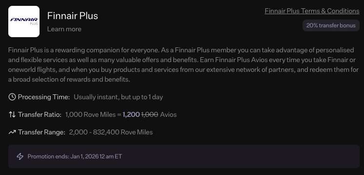 Rove to Finnair transfer bonus